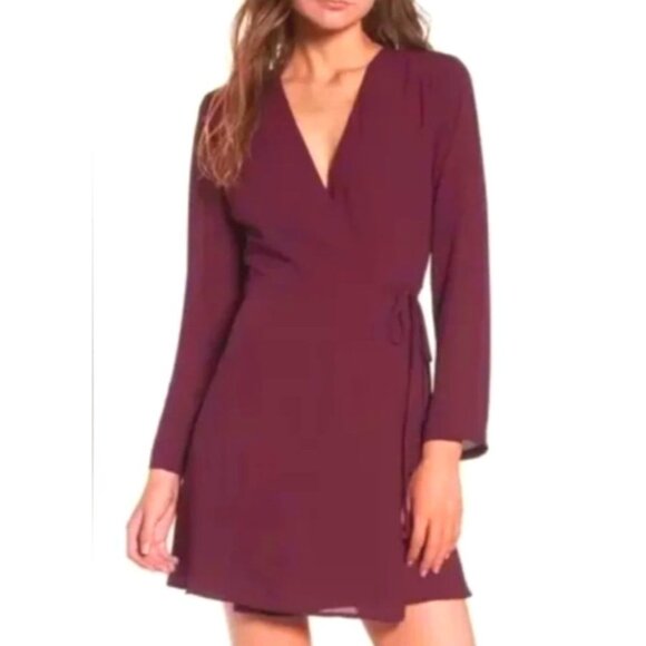 Lush Womens Burgundy Long Sleeve Wrap Dress Size Small Party Casual Lined - Picture 1 of 11